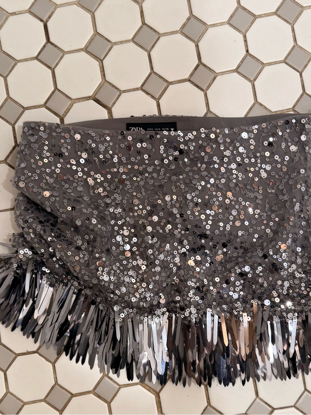 Zara Silver Sequin Fringe Mini Skirt